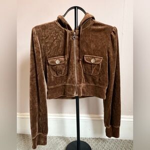 Y2K Brown Velour Cropped Zip Hoodie Arizona Jean Co Size Large